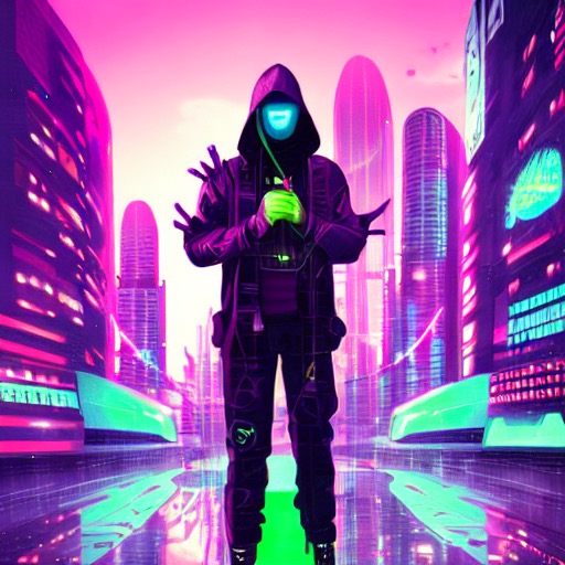 Cyberpunk cyber hacker in the neon city at midnight